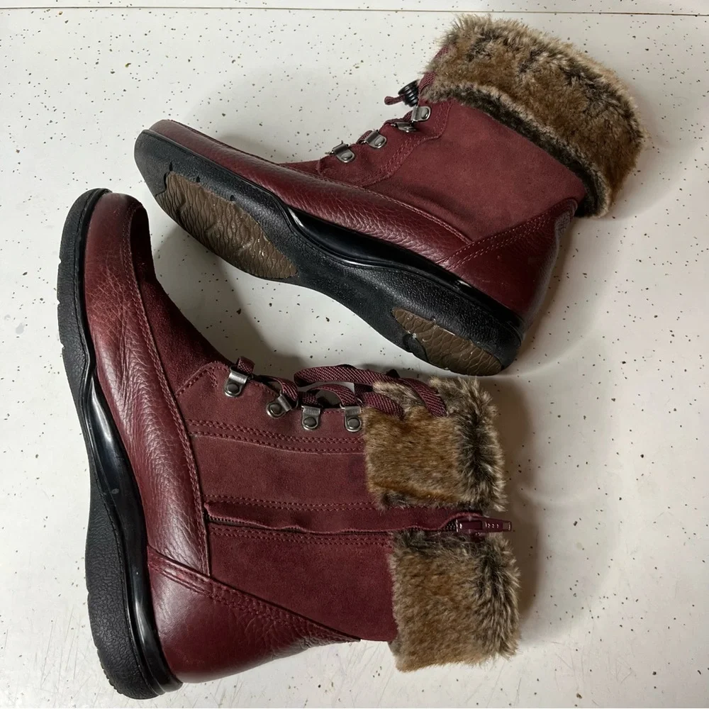 Clark’s Kearns Ramsey Boots Women’s 9.5M Burgundy Leather Faux Fur Lace Up Warm